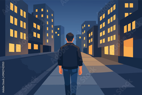 Man walking alone on urban street at night