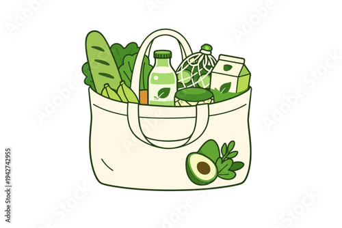 Illustration of a reusable grocery tote filled with fresh vegetables, avocado, and packaged foods, promoting eco-friendly shopping and healthy eating