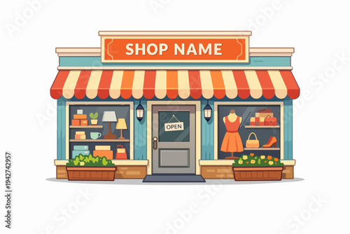 Small retail storefront with various items in display windows