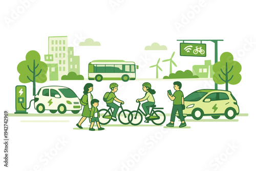 Green urban mobility illustration showing electric cars charging, cyclists riding, pedestrians walking, and public transit in a sustainable cityscape