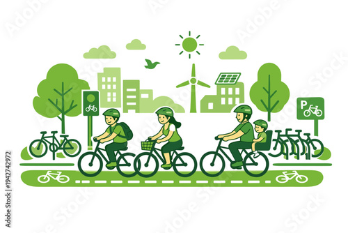 Green urban cycling illustration with commuters riding bicycles on dedicated bike lane, eco-friendly city skyline, renewable energy, trees, and clear sky