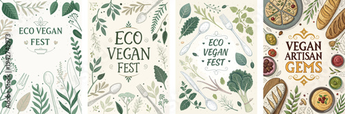 Colorful vegan festival poster collection featuring eco-friendly designs.