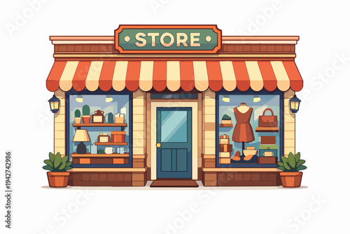 Store building featuring awning and shop window display