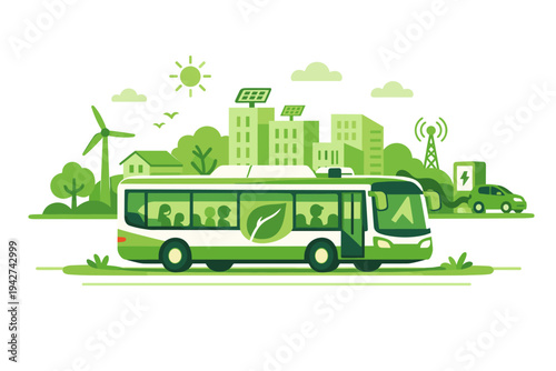 Green electric city bus carrying passengers through a sustainable urban landscape with solar panels, wind turbine, charging station, and eco buildings