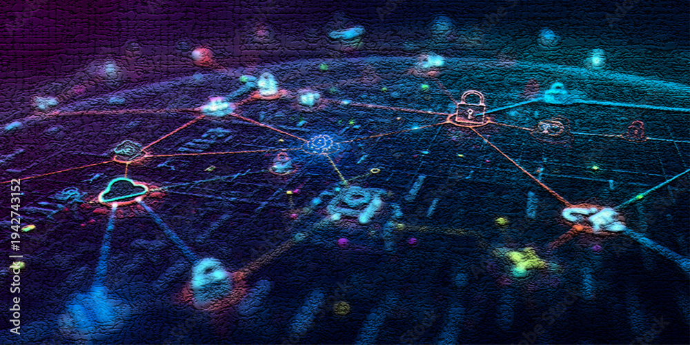 Fototapeta premium Global network security concept with cloud storage icons and digital locks, showing protection of online data, encrypted systems and modern cyber technology.