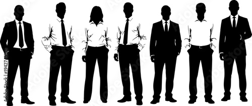 Diverse professional business team silhouettes in suits and formal wear standing together for corporate leadership teamwork achievement and career growth