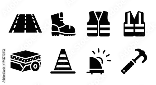 Black silhouette icons of construction safety and tools