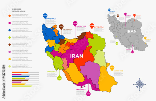Iran Map Infographic Vector with Colorful Provinces and Geographic Regions