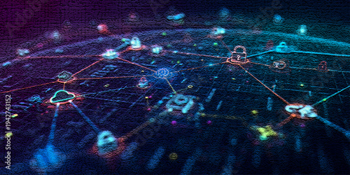 Global network security concept with cloud storage icons and digital locks, showing protection of online data, encrypted systems and modern cyber technology.