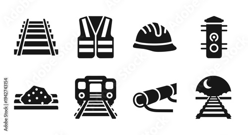 Railway icons collection featuring tracks, train, safety gear, and equipment in bold black silhouette style