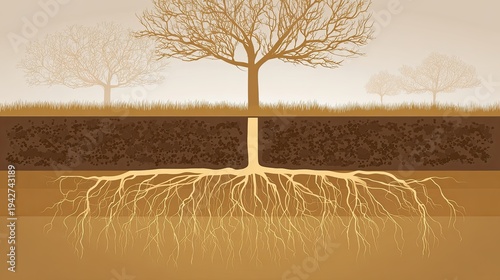 Detailed cross section illustrates extensive tree root system extending deep into the earth beneath the surface.
