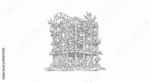 Architectural skeleton overgrown with vines and branches, a fusion of nature and structure
