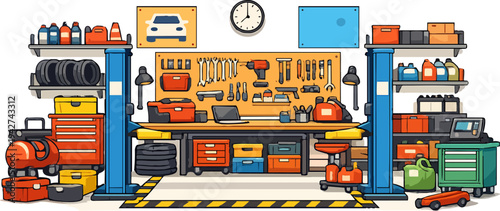 Auto repair workshop interior with equipment and tools