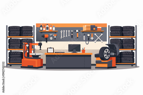 Auto repair service garage with tire maintenance equipment