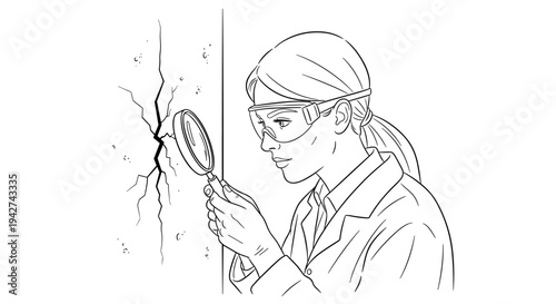 Scientist examining wall with magnifying glass in line art style