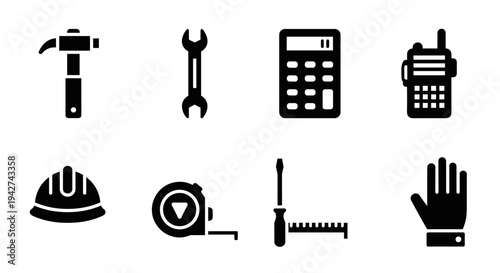 Essential black tool icons set for construction and trades