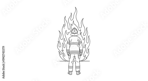 Firefighter facing flames in minimalist line art style