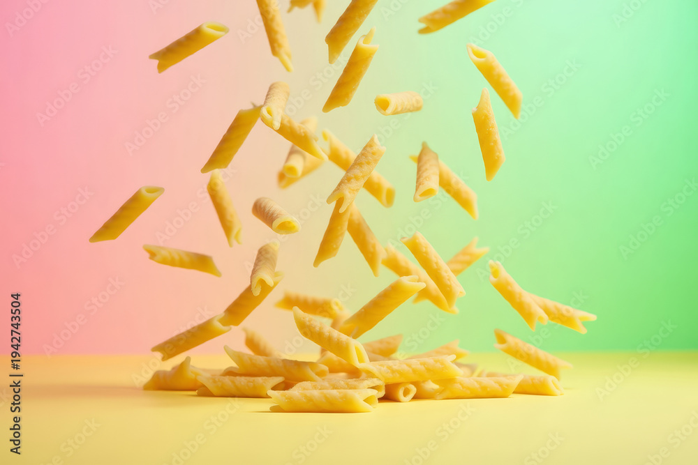 Fototapeta premium Falling Penne Pasta Motion Shot. Dynamic Pasta In Air. Creative Pasta Advertising Composition.
