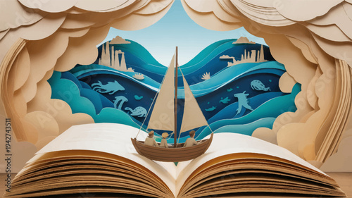 Sailing boat emerges from an open book with a fantasy landscape and cityscape in the background