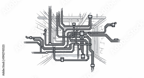 Abstract network of pipes and conduits in a grey, outlined architectural setting