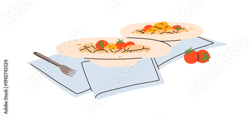 Pasta, Italian food. Cooked food, dish on plate. Dinner serving with utensils. Spaghetti with cherry tomatoes and cheese. Delicious gourmet meal. Flat vector illustration isolated on white background