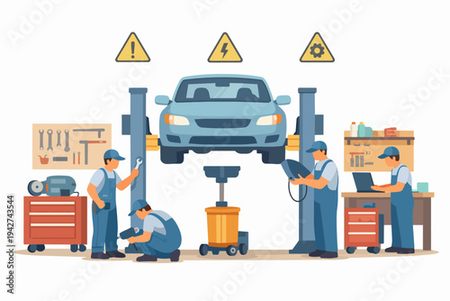 Mechanics working on car in repair shop