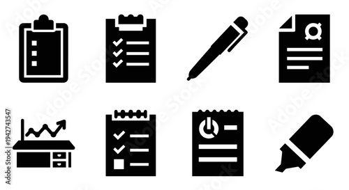 Flat document icons: checklist, pen, report, and chart design elements