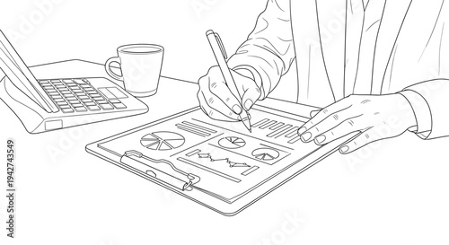 Linear business analysis: handwriting on tablet with graphs and charts