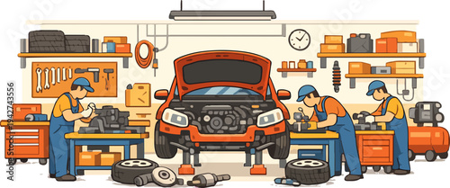 Auto mechanics repairing car in busy workshop