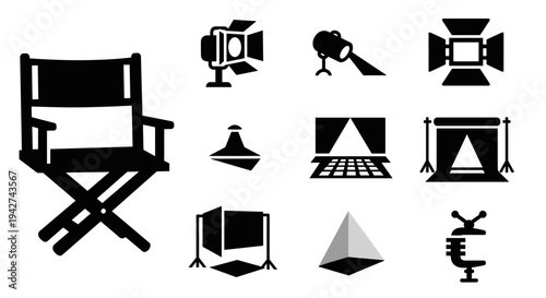 Filmmaking icons set: silhouette director chair, camera equipment, studio elements