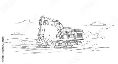 Heavy construction excavator in action on building site - detailed outline drawing
