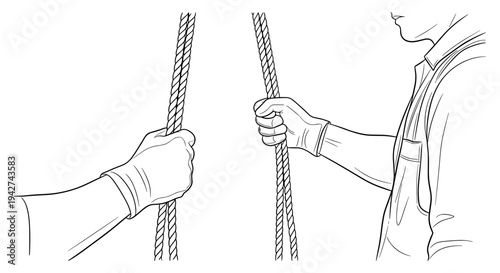 Minimalist line art of hands gripping rope in teamwork concept