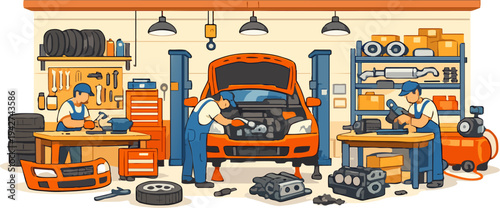 Auto mechanics working in car repair shop garage