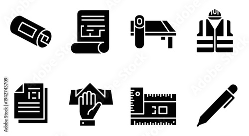 Silhouette icons of architecture and construction tools and uniforms