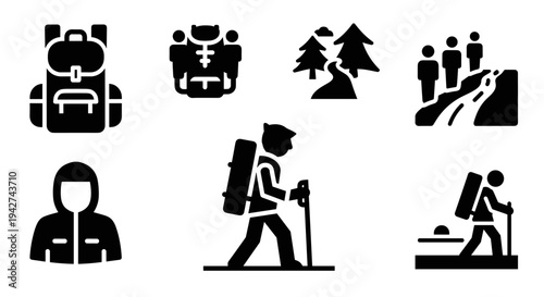 Hiking icons: outdoor adventure symbols in bold silhouette design