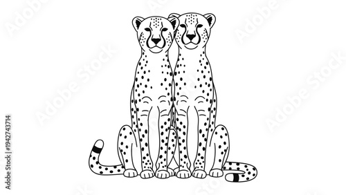 Two Cheetahs Seated Together: A striking black and white illustration of two cheetahs sitting side-by-side, showcasing their spotted coats and alert expressions.