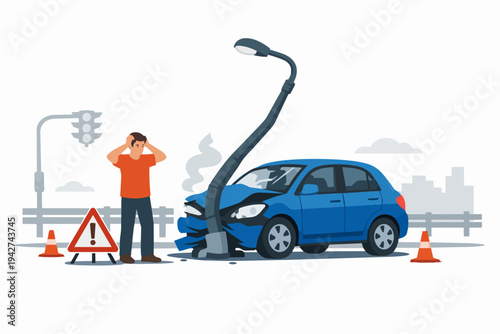 Driver reacting to serious car accident damage