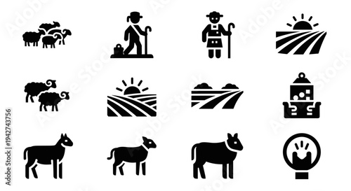 Farming icons: agriculture, animals, and rural silhouettes for designs
