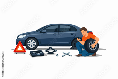 Man calling for roadside assistance after flat tire