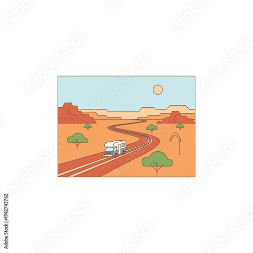 RV traveling on a winding desert highway under a clear sky.