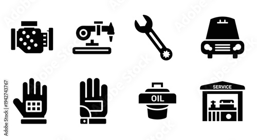 Automotive repair icons collection: engine, tools, and service symbols