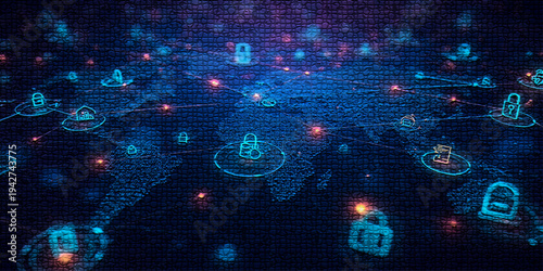 Futuristic internet security background with glowing digital connections, lock icons and cloud data system, representing encrypted communication and cyber protection.