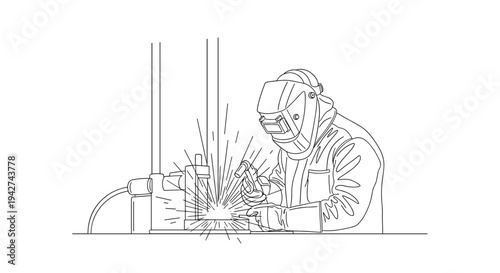 Welder working with protective gear and torch line art