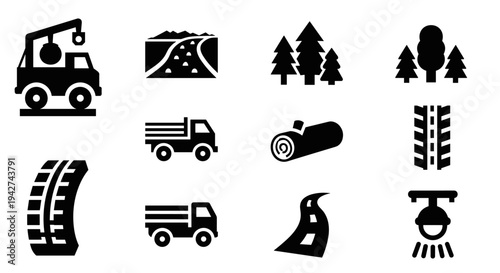 Forestry and construction icons: silhouette set of machinery, roads, and trees