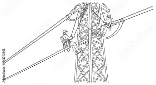 Workers climbing transmission tower with safety gear in detailed line art