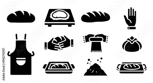 Silhouette icons of baking: artisan bread and bakery elements in bold style