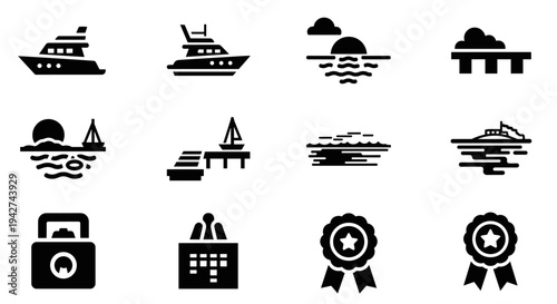 Minimalist nautical icons: boats, sunsets, piers, and awards