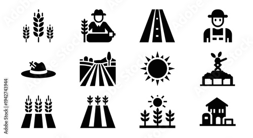 Simple farming and agriculture icons set: farmer, crops, barn, scarecrow