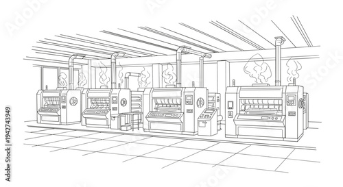 Industrial printing machines in modern factory setting with linear outline style