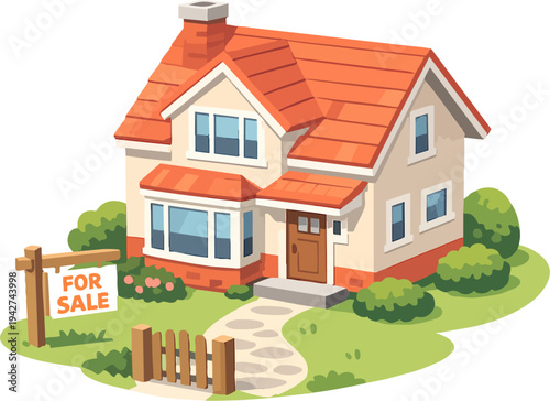 House for sale sign with detached home on lawn